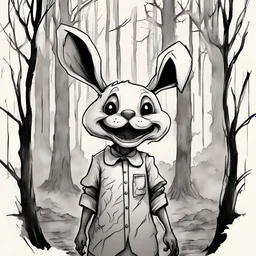 Ink drawing of a cute war bunny, big sweet smile, close mouth, horror, old dark scary forest with crooked trees and roots in the background, by tim burton, fashion ao dai, peter painting, digital illustration, comic style, black and white contrast, perfect anatomy, centered, dynamic, detailed, watercolor, artstation, concept art, smooth surface, sharp focus, illustration, art by Carne Griffiths and Vadim Kashin