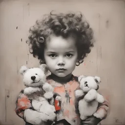 Shirley temple with a teddy bear in the style of jean Michel basquiat