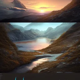 highly detailed glacial lake landscape, sunset, illustration, cinematic lighting, 4k, 8k, octane render, digital concept art, trending on artstation, pinterest, extremely detailed, ambient lighting.