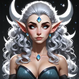 a wood elf woman who has big curly silver hair, light blue eyes, covered in moon symbols and crystals