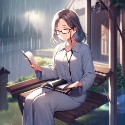 anime girl sitting on a porch swing of an old house, journaling, wearing pajamas, writing in a book, shes watching it rain, more detail on hands and her face,shes deep in her thoughts, wearing glasses, rain drops, she has a pencil in her hand and is writning in the book, she is looking down at what she is writing