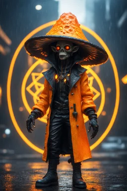 Fire Mushroom goblin sacred geometry framed dinner plate, black, yellow and orange neon cyber punk dancer thief in soaked rain coat and cowboy witch hat shadows boss card in the style of Giger and fallout 4 ,,bokeh like f/0.8, tilt-shift lens 8k, high detail, smooth render, down-light, unreal engine