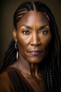 You are an expert photographer with 30 years of experience doing photo portraits. You have been asked to photograph a 50 year old black woman with long block braids and brown eyes. She is strong. She uses masculine pronouns, but is female. She has a square jaw and strong features. She does not wear makeup.