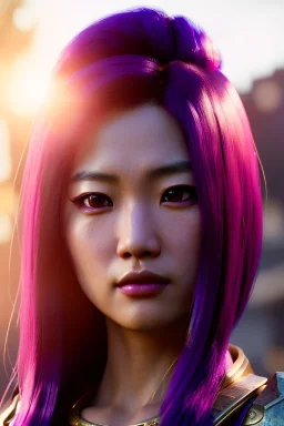 Young asian woman, barbarian character, purple hair, gold eyes, long hair gold jewelry, leather, vibrant color, highly detailed, art stations, concept art, smooth, unreal engine 5, god rays, ray tracing, RTX, lumen lighting, ultra detail, volumetric lighting, 3d, finely drawn, high definition, high resolution.