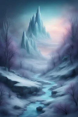 a fantasy landscape with cold colours