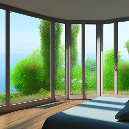 Une chambre à coucher de 4 x 3.2 metres, avec une grande baie vitrée de 2.70 metres, avec vue sur jardin avec la mer en bas du jardin au dessus d'une petite falaise. Décoration orientale de la chammbre.