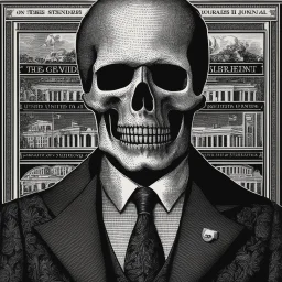 wall street journal style ,head and shoulders, engraved, HEDCUT, PORTRAIT OF THE GRIM REAPER AS PRESIDENT OF THE UNITED STATESr PRESIDENTIAL rendition of a skeleton dressed in a three-piece suit, very formal, as the president of the united states, united states one dollar bill, presidential, highly detailed matte painting, meticulous, dark colored tie, engraved, based on the one dollar bill, fine line, fine detail, classic, has sharp dangerous teeth, inked in greens