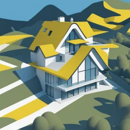 Ilustración minimalista de una cabaña campestre estilo Zaha Hadid en las montañas arte nouvea color negro blanco azul y amarillo vista aérea