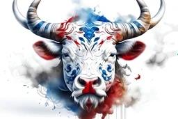 white aztec bull dissolving to red and blue smoke, fantasy, gold horns, rain and fire, white background, opened eyes, angry, portrait