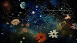 An abstract photo of the cosmos with stars, plantes, and geometric symbols.