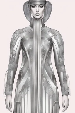 fashion illustration, draw sketches, overall from silver threads, microchip fashion, dress of the future, sci-fi dress