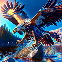 Aguila pescadora con pez salmón grande en sus garras, intrincada, hiperdetallada, arte digital, gráfica digital, 3D, fotorrealista, colores contrastantes, sombras, clima soleado, cielo azul claro, 8k