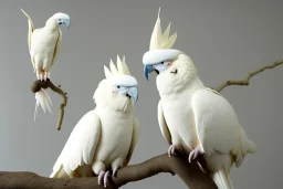 Two sulphur crested cockatoos are sitting on a branch and eat a peanut. Realistic. Soft colours.