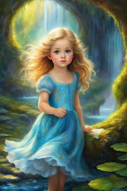 Masterpiece, best quality, digital painting style, adorable digital painting, beautiful fantasy art, colorful. In a dress spun from dreams and pure delight, A pretty little girl with hair so bright, Her big blue eyes, a window to her soul, In a fairy fountain's shimmering aureole. Beneath a big alder with colors so bold, Mosses whisper secrets, stories untold, In this magical world, vibrant and alive, She finds wonder in each vivid hue, jive.