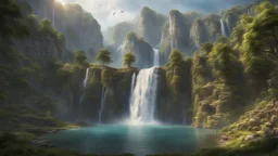 a big waterfall falling close to a medieval city at the end of a steep, narrow, 3.000 feet tall ravine. a masterpiece, fantasy concept art, dynamic lighting, hyperdetailed, intricately detailed, deep color, Unreal Engine, volumetric lighting, Epic cinematic brilliant stunning intricate meticulously detailed dramatic atmospheric maximalist digital matte painting