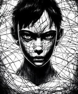 black and white portrait of the face of the sadness, ultra realist texture, intricate line, hdr, 8k, ultra symmetrical,dark futur, akira movie, stephen king style, goldorak anime style, octan render