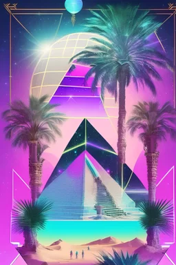 vaporwave, tarot card, palm trees, crystal ball, pyramid, galaxy, horus