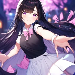 Clear focus,High resolution, Black long fluffy hair, and purple eyes, Teen, Sassy, black shirt, white collar pink bow, white short skirt, cute, smile, hands out, reaching out to you