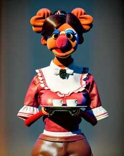 waitress woman muppet head, skin body and arms, concept art, retro style, smooth, unreal engine 5, god lights, ray tracing, RTX, lumen lighting, ultra detail, volumetric lighting, 3d.