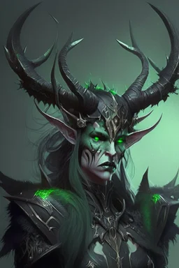 Demonio hermoso con cuernos de reno y armadura negra y verde