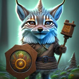 upper body of cute tall lynx wizard with big eyes holding dwarf miner gear , wood and rope bridge in magical forest, spray painting, autumn foliage frame,dark fantasy art , sun,magic wand, Realistic photography, incredibly detailed, ultra high resolution, 8k, complex 3d render, cinema 4d, color corrected