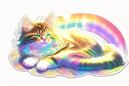 cute chibi maine coon cat lying in holographic rainbow sunshine