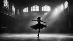 dark mysterious gigantic old hangar, girl dancing, photographic, black and white