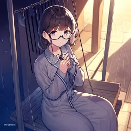 anime girl writing with a pencil in her hand in a book sitting on a porch swing of a very old house in the rain, wearing pajamas,wearing glasses, rain and raindrops