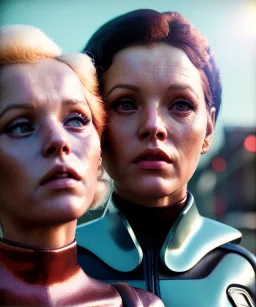 Ultra Realistic retro sci-fi movie Supermarket parking scene, 1960 year, waist up view portrait, 2 clones blonde women, sweet young Jane Fonda face, perfect iris, glow eyes, face makeup, tight latex coat, Scare people background, Retro sci-fi style, soft color, highly detailed, unreal engine 5, ray tracing, RTX, lumen lighting, ultra detail, volumetric lighting, 3d, finely drawn, high definition, high resolution.