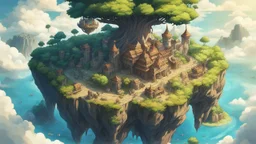 anime zelda artwork style, Highly detailed, 1 gorgeous flying island, Yggdrasil, medieval fantasy city