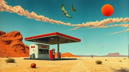 Surreal collage art, featuring a gas station in the middle of a sandy desert with a bright red sky, bold colors and textures, by Salvador Dali and René Magritte, dreamlike atmosphere, symbolic elements scattered throughout the image.