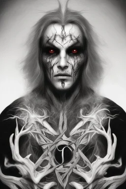 Symmetric portrait of a man with black metal facepaint, with long white hair, with a satanic pentagram on his chest, with bloody eyes, no hands and no smoke