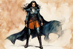 Create a concept drawing of an epic fantasy Lankhmar female thief character , slim in stature, with shoulder length hair, finely lined and detailed facial features, in an fur collared leather doublet and breeches , a short oriental cloth belt at the waist, stealthy soft leather slippers, , in the comic book style of Bill Sienkiewicz, Howard Chaykin, Mike Mignola, Philippe Druillet, and Jean Giraud Moebius, precisely drawn, colored and inked,