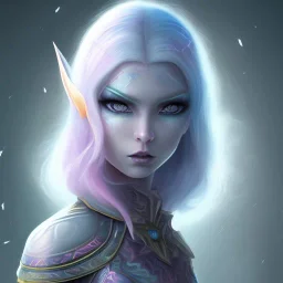 An elf with crystal blue eyes and magenta hair, teardrop eyebrows, woman, angry expression