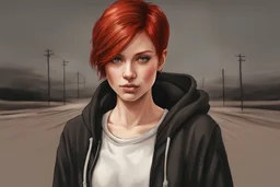 Woman with bright, short red hair, brown eyes, wearing a black hoodie, realistic