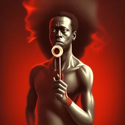 Miles Davis, fire, forest, red, masterpiece, expert, 8K, hyperrealism, sharp focus, cinematic lighting