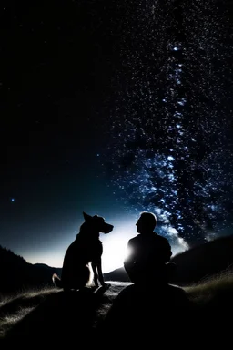 Black background on a mountaintop. Two silhouettes are sitting close to each other a fit human man and a fit human woman, looking at the stars. A large dog is in the photo behind the woman and the man.