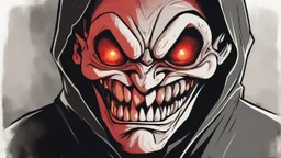 صورة الملف الشخصي المطلوبة هي رسم كرتوني يحمل تفاصيل مرعبة ومخيفة. تظهر الصورة شخصًا كرتونيًا في زاوية مظلمة، مع عيون مضيئة باللون الأحمر تشع نيرانًا داخلها. وجهه مليء بالظلال والتجاعيد، ويظهر وكأنه يبتسم بطريقة مرعبة. خلفه، تظهر خلفيات مظلمة ومشؤومة مع ظلال متشابكة، مما يخلق أجواءًا من الرعب والخوف.