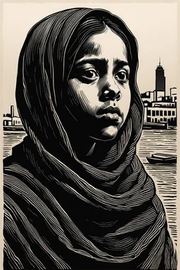 create a deeply powerful tragic, heart wrenching, and evocative, full body woodcut of a poor young Muslim refugee girl with highly detailed and deeply cut facial features, lost in a horrific post apocalyptic Gaza, in the style of KATHE KOLLWITZ , searing lines and forceful strokes