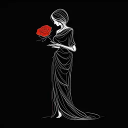 single line minimalist drawing: in white ink, on black background, depicting a graceful woman wearing an orange dress and holding a delicate red rose. The composition highlights the fluidity of lines and the contrast of colors, capturing the essence of beauty in a monochromatic color scheme. That emphasizes simplicity, elegance, and emotional depth.