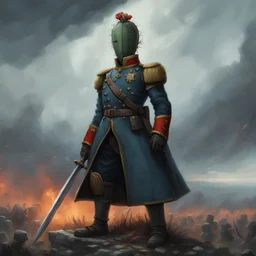 a heroic humanoid thorny cactus wearing a blue prussian uniform, standing on a chaotic medieval battlefield, officer sabre, storm, dark sky, tattered banners, siege engines, musketeers