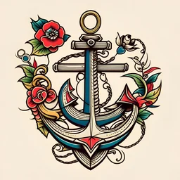 a modern tattoo design, old school style, thick black lines, on a plain white background, featuring a anchor as the main element, minimal style, vibrant saturated color palette, Hand drawn aesthetic, old school style with hints of American traditional tattoo style