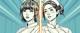 cyberpunk fallout 4, pen outline, A cinematic, high-end advertisement image for a fictional service called “Splice Girls Nurses, Rebuilding Bone Structure on Transparent People™”. Split-screen composition with two contrasting emotional states.