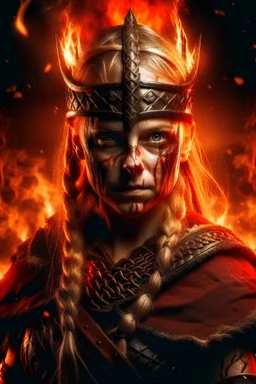 fotografía en plano medio de una mujer vikinga con la cara cubierta de sangre en doble exposicion con llamas de fuego. ojos celestes. luz alta y fondo gris