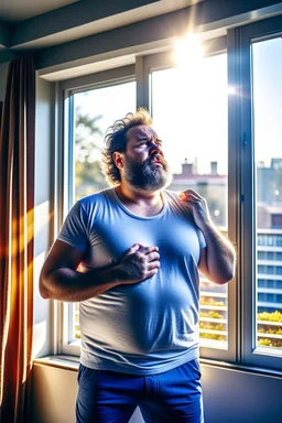 full figure shot photography of burly chubby turkish man 48 years old, at the windows , bulging towel around the waist,, hands behind the head, emotive eyes, long beard, manly chest, curly hair, sharp focus, backlit, harsh overhead sunlight, ambient occlusion , photorealistic , frontal view