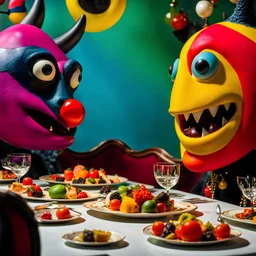 Close-up shot of ultra realistic odd monsters dining, vivid, ultra realistic, Joan Miró, hypermaximalist figures, light, Italian 1970's odd movie, hilarious, Minicavio Quollati style, photography by Marlost Endgulp, ornate, 4k, photorealism