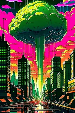 retro anime style, serius dark 1990s anime style, city, atomic mushroom cloud, synthwave