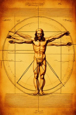 Human – Language – Computer. Leonardo da Vinci's Vitruvian Man on the background of the matrix