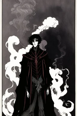 17 year old boy, necromancer, friendly, looks dead, surrounded by weird smoke with eyes, wearing black robes, in the style of Harry Clarke