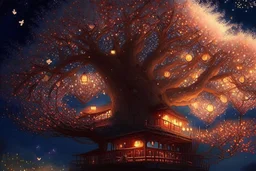 The tree of Heavens, huge tree floating heaven, warm and cozy, many huts on the tree, people, huge railing, firelights, blossoms, christmas decorations, fireflies, beautiful, Serene, Warm place